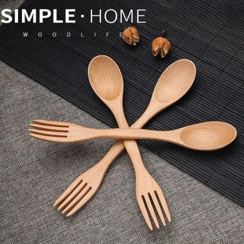 100pcs/lot 2 in1 Natural Wood Cutlery Dual Head Soup Spoon Fork Dinner Tableware DIY Kitchen Accessories wholesale