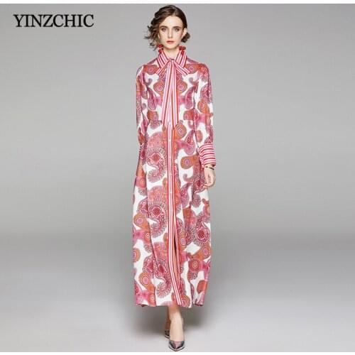 Vintage Print Long Dress Spring Womans Elegant Party Maxi Skirts Turn-down Collar Ladies Shirt Dresses Summer Slim Dress