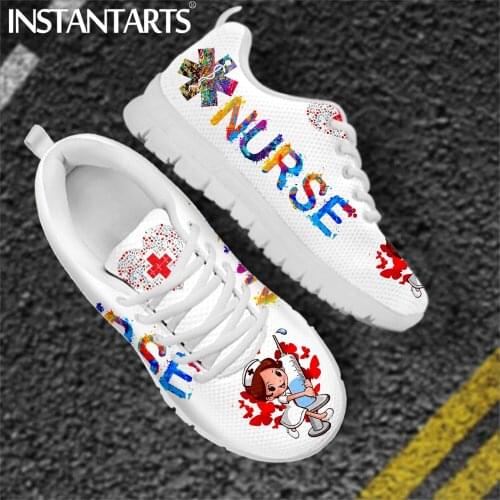 INSTANTARTS Cute Hospital Cartoon Nurse Girls Pattern Sneakers Shoes for Women Breathable Lace up Flat Shoes Comfort Zapatillas