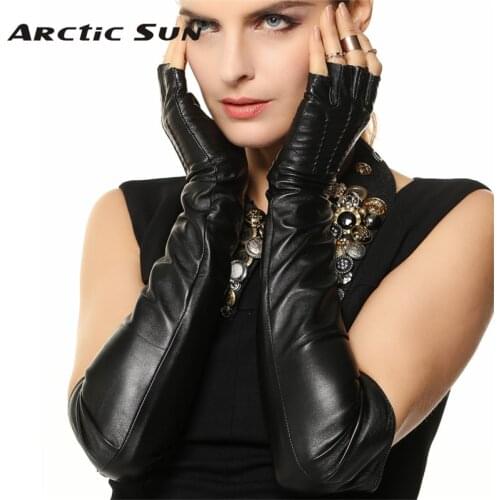 Lady Sheepskin Gloves Winter Fashion Keep Warm Long Style Thin Velvet Lined Semi-Fingers Genuine Leather Gloves Female L140NN