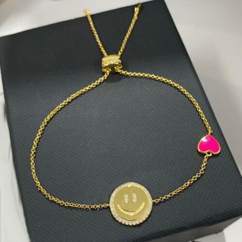 SLJELY Fashion S925 Sterling Silver Yellow Gold Color Smiley Happy Face Neon Pink Heart Adjustable Bracelet Women Brand Jewelry
