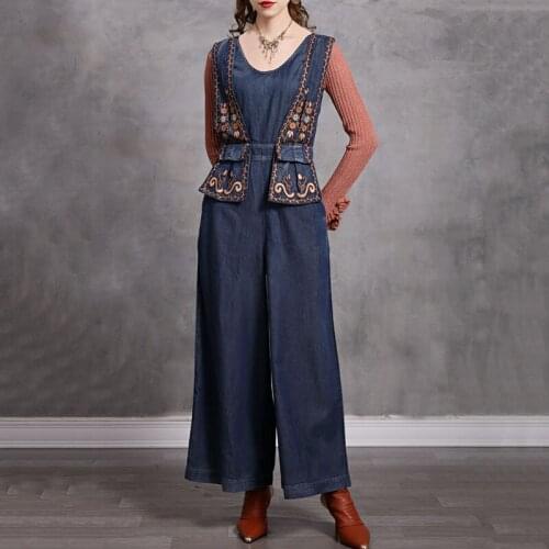 SeeBeautiful Simple V-neck Embroidery Stitching Large Size High Waist Denim Jumpsuit Woman Spring 2021 New Fashion T386