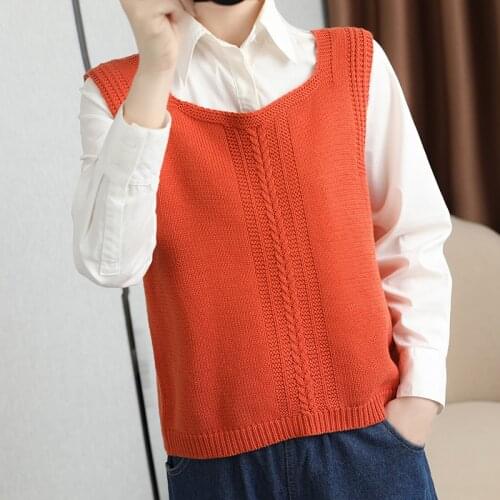Spring Autumn New Womens Sweater Vest Casual 100% Pure Cotton Sleeveless Pullover Loose High Quality Female Knitted Waistcoat
