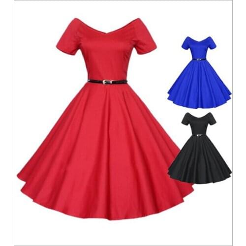 Summer Plus Large Size 50s Retro Swing Dress 5 Color Cotton Sexy V Neck Slim Waist Short Sleeve Robe Vestidos De Festa VN61