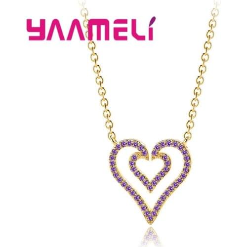 New Small Purple Crystal Paved Heart Pendant Necklace 925 Sterling Silver Romantic Style Women Lovely Long Necklaces