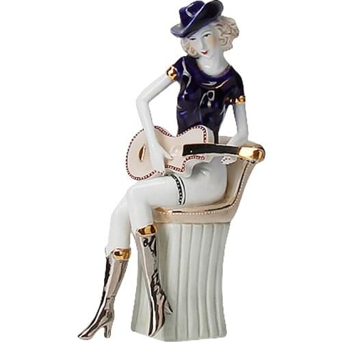 1PC Ceramic Crafts Guitar Girl Statue Sculpture European Instruments Woman Figurines Creative Table Ornament For Home Decor