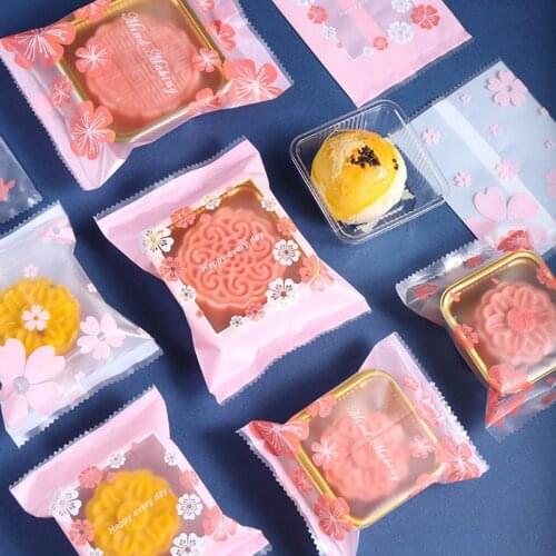 100Pcs Moon Cake Plastic Packaging Bags Sweet Cherry Blossom Floral Print Hot Seal Thick Cookie Biscuit Candy Container