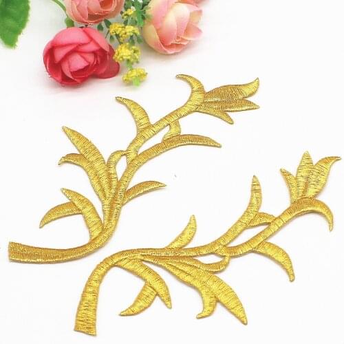 YACKLASI 5 Pairs/Lot Mirror Pair Floral Appliqued Trims Gold Embroidered Flower Iron on Patches 4.5*13cm