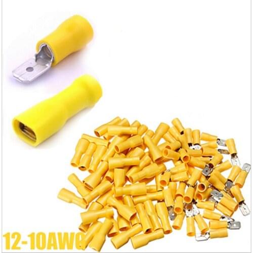 Lowest Price 50PCS Yellow Splice Wire Connectors Insulated Male Female Crimp Spade Terminals 12-10AWG