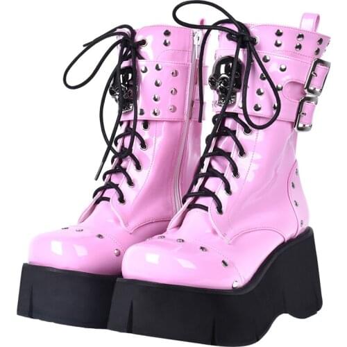 Fashion Rivet Skull Gothic Thick Platform Boots Punk Rock Women Winter Muffin High Heel Ankle Boots Lace-Up Lolita Cosplay Shoes