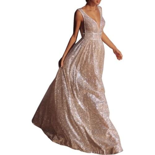 Elegant V Neck Sleeveless Sequin Maxi Backless Dress Floor Length Stretchy Bodycon Party Sexy Dress New