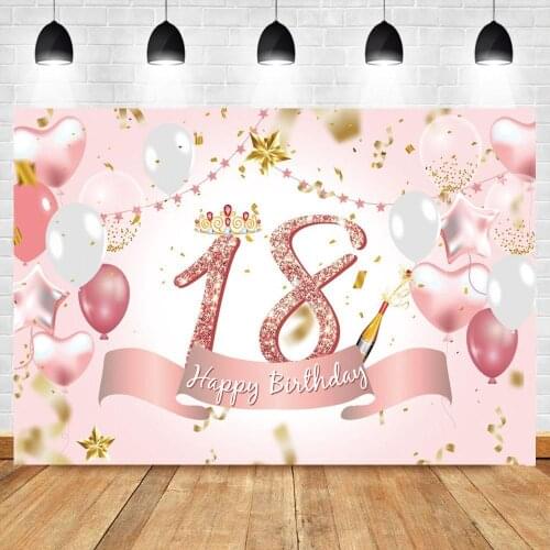 Rose Pink Happy Birthday Number Customize Photo Background Sweet 18 Balloon Party Princess Diamond Banner Photography Backdrop