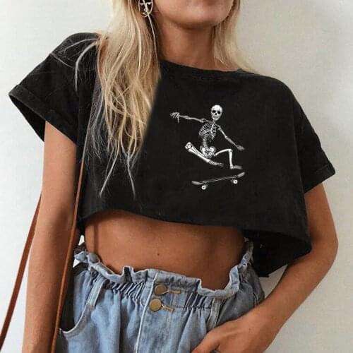 T Shirt Women Bareback Women Crew Neck Tops попular Skull Printed High Waist Crop Short Sleeve Gothic Slim T-Shirt Oversize 21