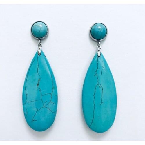 FYJS Unique Silver Plated Long Water Drop Green Turquoises Stone Stud Earrings for Women Jewelry