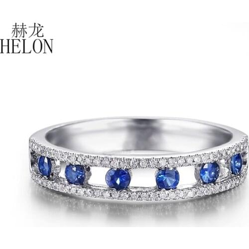 HELON Diamond Ring Solid 18K White Gold 0.6ct Diamond Natural Sapphires Engagement Wedding Ring Women Fine Jewelry Gemstone Ring