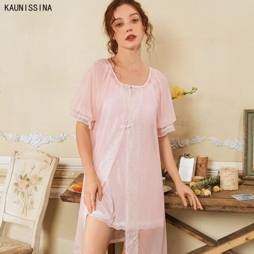 2 Pieces Womens Nightwear Sets Vintage Nightgowns Lace Robes Royal Cotton Sleepwear Summer Night Dress Home Wear
