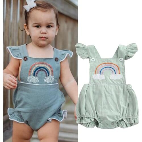 Citgeett Summer Infant Baby Girls Sweet Ruffles Fly Sleeve Bodysuit Rainbow Embroidery Backless Jumpsuits Clothes
