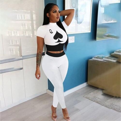 Summer Fashion Women Suit Solid Poker Spades Q Print Short Sleeves Crop Tops+Trousers Slim 2 Pieces Pants Set casual Slim