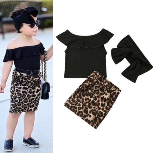 Summer Off Shoulder Short Sleeve Black Tops Leopard Print Skirt Headband Clothing Outfits Toddler Kids Baby Girl Clothes Set