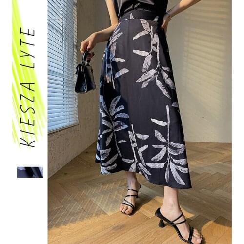 2020 summer new black print skirt female korean style high waist thin chiffon a - line midi skirts