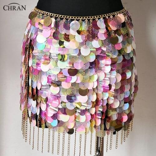 Chran Sequins Seascale Mini Skirt Disco Party Chain Necklace Belly Waist Chain Belt Festival Costume Dress Wear Jewelry CRS215
