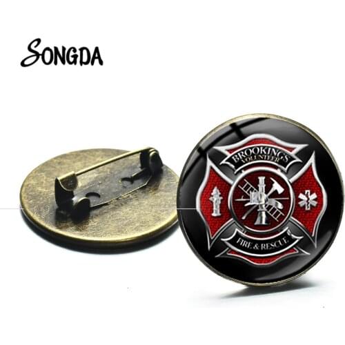 Fashion Firefighter Symbol Brooches Fire Dept Sign Glass Cabochon Dome Punk Bag Clothes Badge Pin Decoration Accessories