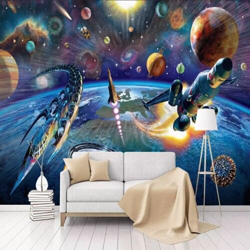 Dropship Custom Mural Wallpaper Modern Hand Painted Cartoon Space Spaceship Children Room Modern Wallpaper Home Improvement