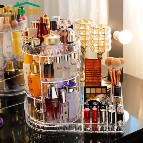 360 Rotating Makeup Beauty Organizer Acrylic Box Dresser Lipstick Skin Care Shelf Diamond Pattern Cosmetics Receiving Boxes