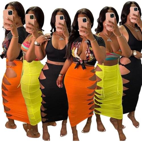 Sexy Hollow Out Tie Long Skirts Fashion Outfits Women Summer Solid High Waist Night Club Party Maxi Skirt S-XXL