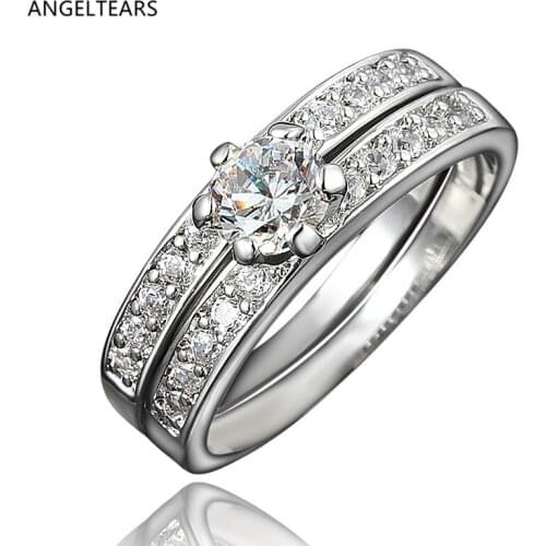 Silver Color Woman Engagement / Wedding Double Ring Set with 4A Zircon Fashion Jewelry Size 6-8 # drop shipping bague femme