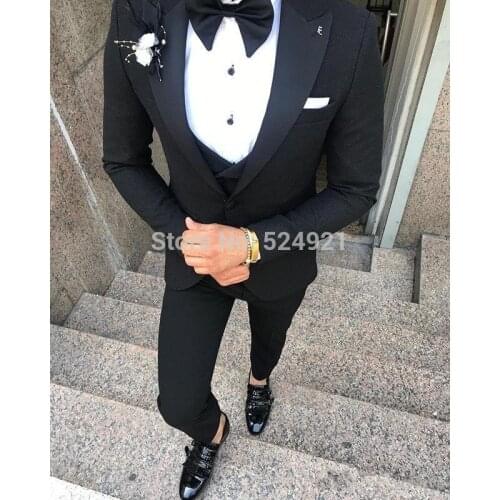 Custom Made Groomsmen Black Groom Tuxedos Peak Lapel Men Suits 3 Pieces Wedding Best Man ( Jacket+Pants+Vest+Tie ) C803
