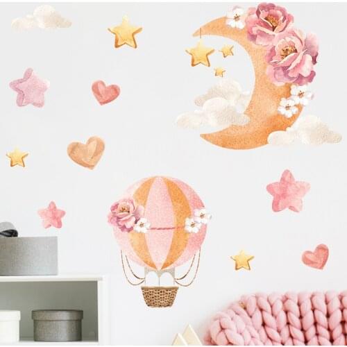 Sleeping Moon Stars Wall Stickers for Baby Childrens Room Wall Decor Vinyl Nursery Decor Cartoon Hot Air Balloon Flower Decals