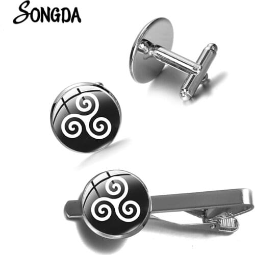 Celtics Knot Triskelion Cufflinks & Tie Clip High Quality Crystal Glass Convex French Shirts Cuff Links Clasp Tie Pin Mens Gift