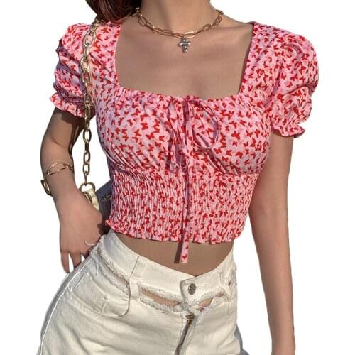 Women Summer Puff Sleeve Square Collar T-Shirt Fashion Sexy Short Tops