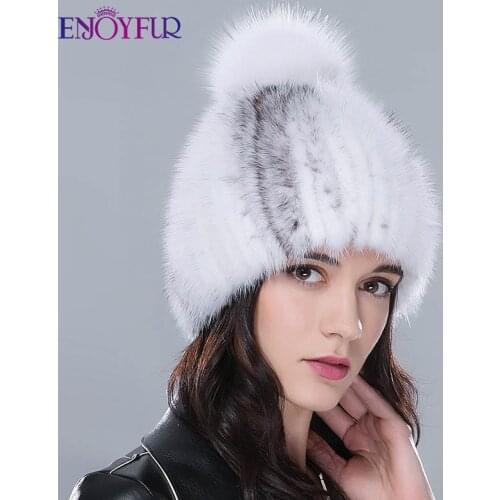 ENJOYFUR women winter real mink fur hats hand sewn knitted fluffy mink with fox pompom cap fashion warm female Russia beanies
