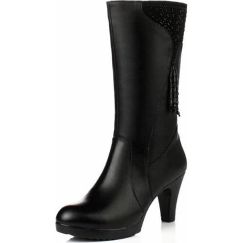 Autumn Winter Beading Genuine Leather Boots Women Boots Fashion Comfort Inside Cloth / Plush / Wool Warm Snow Boots High Heels