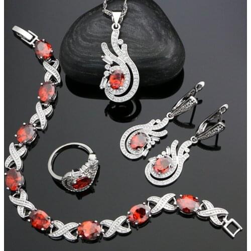 925 Sterling Silver Jewelry Sets For Women Red Cubic Zirconia Earrings/Pendant/Ring/Bracelet/Necklace Silver Jewellery Sets