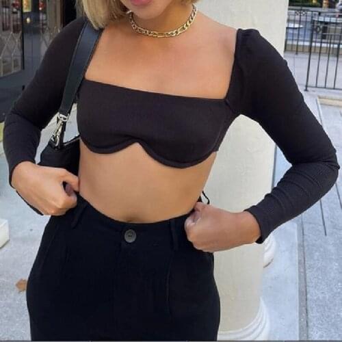 2021 Women Slim Stretch Rib Knit Crop Top Long Sleeve Wild Fashion Solid Color Square Collar Backless Casual T-Shirt