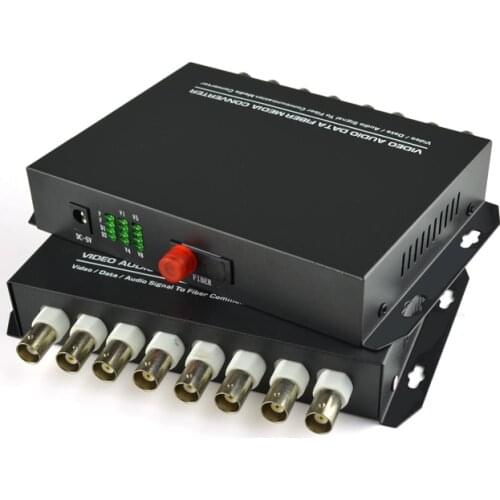 1Pair 8 Channel Video Audio Data Fiber Optic Media Converter Transmitter & Receiver 8V1D RS485 FC Single mode