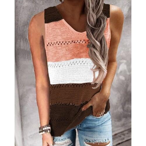 2021 Summer Stripe Patchwork Knitted Blouse Shirt Women Sexy V-neck Sleeveless Vest Tops Casual Loose Blusas Pullover Plus Size