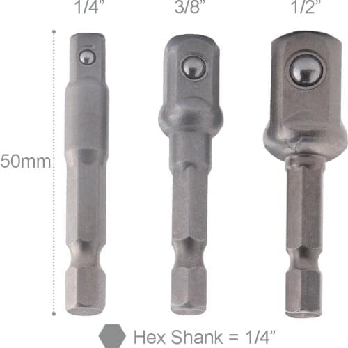 3pcs Socket Adapter Hex Power Drill Bit Driver Bar Wrench Set 1/4'' 3/8'' 1/2