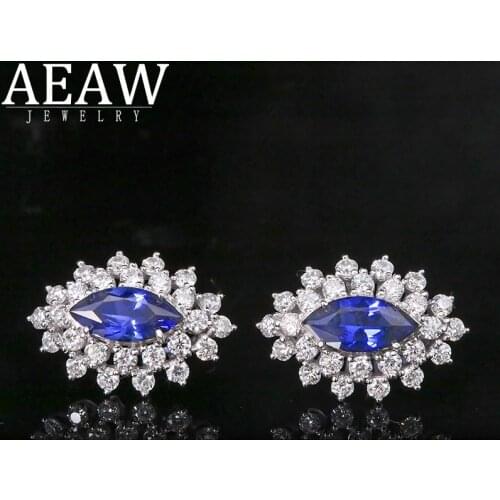AEAW 1.0Carat 5x11mm Marquise Shape Lab Created Sapphire Moissanite Halo Basket Stud Earring Solid 18k White Gold For Women