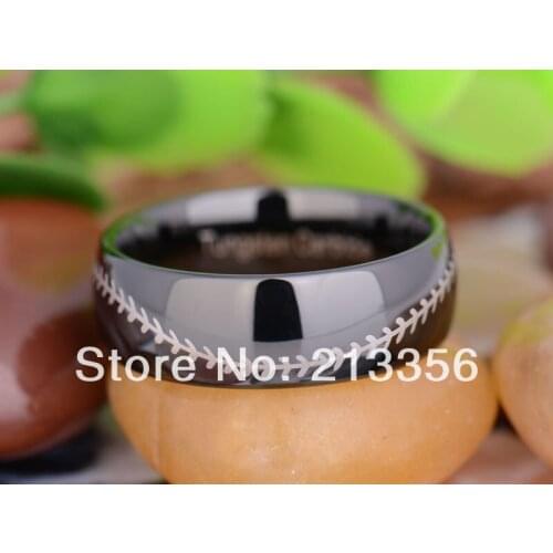Free Shipping UK Russia Brazil USA Hot Selling 8MM Black Dome Baseball Stitch LORD Mens' Fashion Tungsten Carbide Wedding Ring