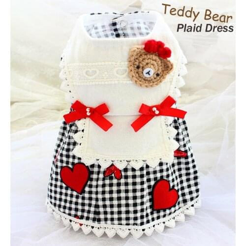Free Shipping Handmade Dog Clothes Summer Cotton Classic Black White Plaid Super Cute Bear Dog Dress Pet Outerwear Yorkie