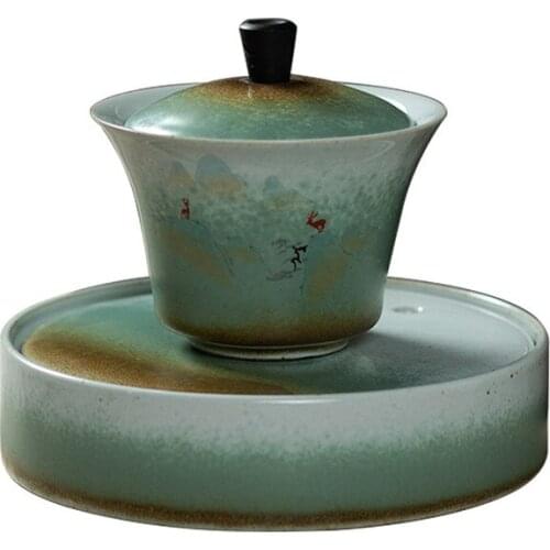 Kiln change sancai gaiwan Japanese-style tea cup bowl pot vintage ceramic dry bubble dish bubble Big tea bowl tureen accessory