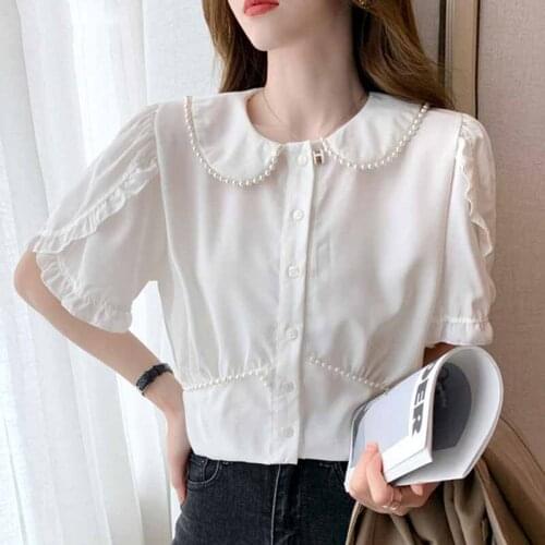 Elegant Beading White Shirts for Women Summer 2021 New Short Sleeve Ruffles Blouses Woman Sweet Loose Ladies Tops Blusas 15613