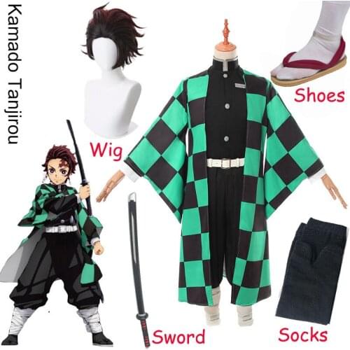 Demon Slayer: Kimetsu no Yaiba Kamado Tanjirou Cosplay Costumes Uniform Tanjiro Kamado Short Chestnut Brown Heat Resistant Hair