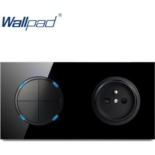 Wallpad L6 Black Tempered Glass 4 Gang 1 Way 2 Way Push Switch With French Wall Electrical Socket 16A Round Design
