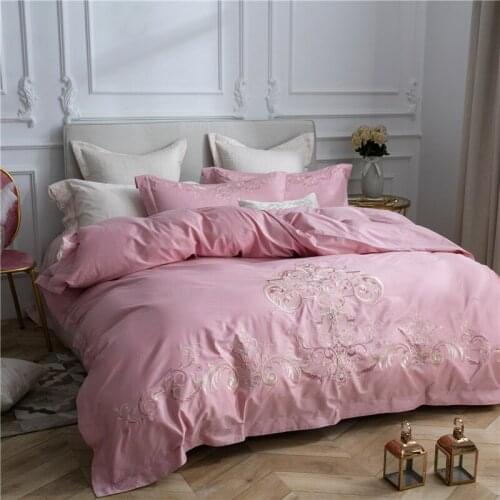 New pink blue 80S Egyptian Cotton Embroidered Luxury Royal Bedding Set 4/6Pcs King Queen Duvet Cover Bed Sheet set Pillowcase