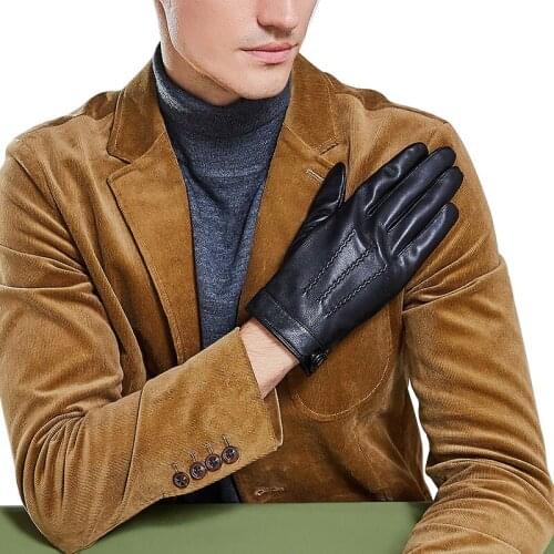 Real Leather Men Gloves Touch Screen Keep Warm Driving Thin Velvet Lined Fashion Black Sheepskin Gloves Male ZX8004